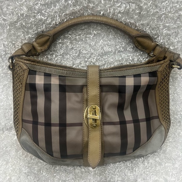 Burberry Beige Beat Check PVC, Leather and Suede Bartow Perforated Hobo - Picture 1 of 16